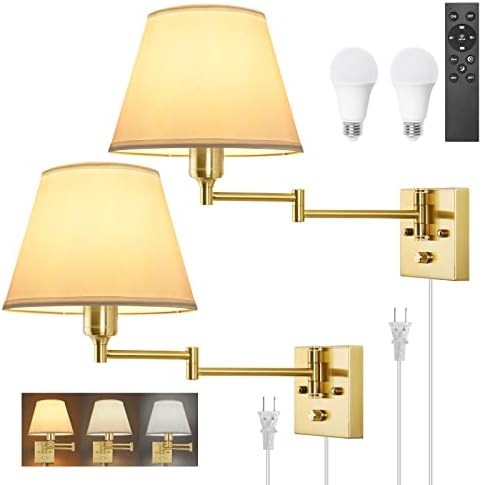 TRLIFE Dimmable Wall Sconce, Remote Control Dimming 10-100% and Adjustable Color Temperature 2700K-6500K Brushed Brass Swing Arm Wall Lights with Plug in Cord, 9.4" Medium White Shade(2 Pack, 2 Bulbs) by TRLIFE