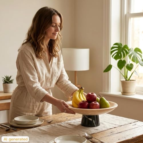 Travertine Fruit Bowl with Black Marble Pedestal,10.2" Centerpiece - Image 3