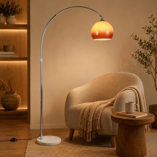 Modern Arc Floor Lamp with Orange Glass Shade, Mid Century Standing Lamp by Finktonglan