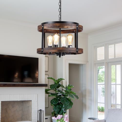 4-Light Large Rustic Farmhouse Wood Pendant Light Fixture with Adjustable Chain, 16.5 inch Oak Wood Drum Chandelier for Dining Room Kitchen Island Farmhouse Living Room Hallway, Black - Image 7