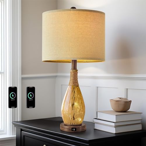 OYEARS 23" USB A+C Table Lamp for Bedroom Living Room Modern Bedside Lamps Retro Farmhouse Rattan Glass Nightstand Nightlight Lamps (Amber),Two Light Points - Image 4