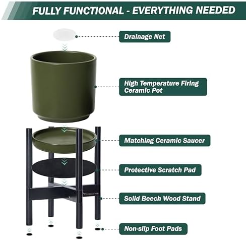 D'vine Dev Ceramic Pot with Ebony Wood Stand, Olive, 12 in, 55-B-H-J - Image 5