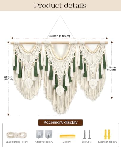 Tempospark Macrame Wall Hanging, 43"x32" Boho Wall Hanging, Large Wall Art for Bedroom, Living Room, Dining Room, Nursery, Gallery (Leaf&Bead) - Image 5