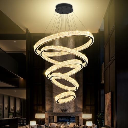 Modern Large 5 Ring Chandelier for High Ceiling Foyer, Luxury Black Crystal Ring Chandeliers Staircase Villa, D8''+15.7"+23.6"+31.5"+39.4", Dimmable LED 3000K-6000K - Image 2