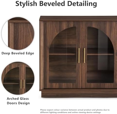 FORTUNETEC 64" Sideboard Buffet Cabinet with Arched Glass Doors,Dark Walnut - Image 3