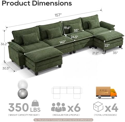 URRED Oversized Modular Sectional Sofa，Solid Green：157" U Shaped - Image 2