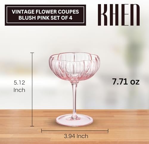 Khen Flower Modern Wavy Glass Coupes Martini, Champagne & Cocktail Coupes - Set of 4-7.7oz Colorful Cocktail Glasses for Prosecco, Mimosa - Blush Pink - Image 5
