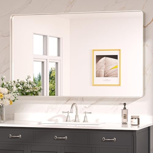 Keonjinn 48 x 30 Inch Brushed Nickel Bathroom Mirrors for Over Sink by Keonjinn