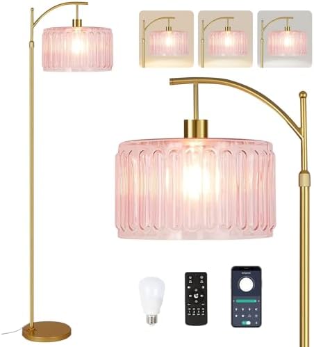 QIYIZM Pink Floor Lamp for Living Room,Bedroom,Gold Dimmable Standing Lamp with Remote,Mid Century Modern Brass Tall Lamp Boho Floor Lamps Arc Stained Glass Flower Floor Light Lamp Girls kids Bohemian by QIYIZM