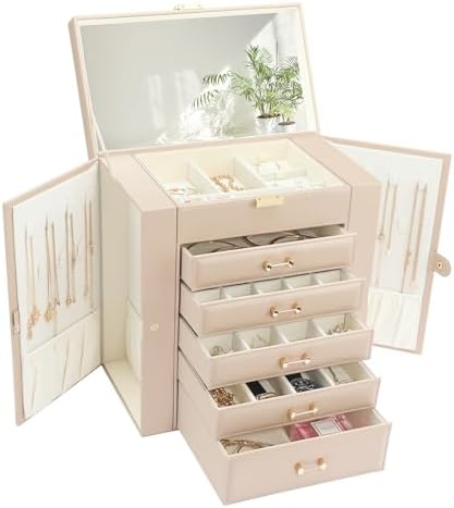 Large Jewelry Holder Organizer, 6 Layer Jewelry Box for Women Jewelry Storage Case With Handle, Gift for Christmas New Year, Apricot by V-LafuyJewelryBox