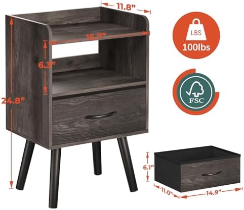 Yoobure Night Stand with Fabric Drawer, Modern Nightstand, Bedside Tables, Mid Century Nightstands with Open Storage Shelf, Wood Bedside Table, Small Night Stands for Bedrooms, 2-Tier Night Table - Image 2