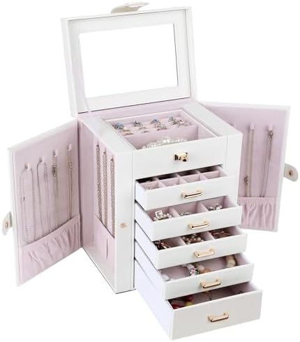 Kendal Jewelry Box, 6-Layer Jewelry Storage Organizer for Necklace Bracelet Rings Watch, 10.2"x8.2"x6" Classic PU Leather 5 Drawers Large Storage Capacity with Mirror by Kendal