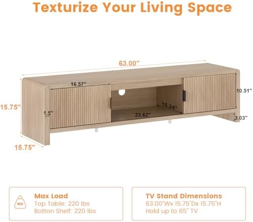 FATORRI TV Stand for TVs up to 75/65/55 Inch, Wood Entertainment Center with Storage, Farmhouse Waveform Fluted-Door Television Media Console for Living Room, Bedroom (63 Inch W, Light Walnut) - Image 3