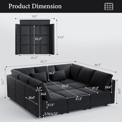 Vesgantti 92" 9 Seats Modular Sectional Sleeper Sofa with Storage, Black - Image 2