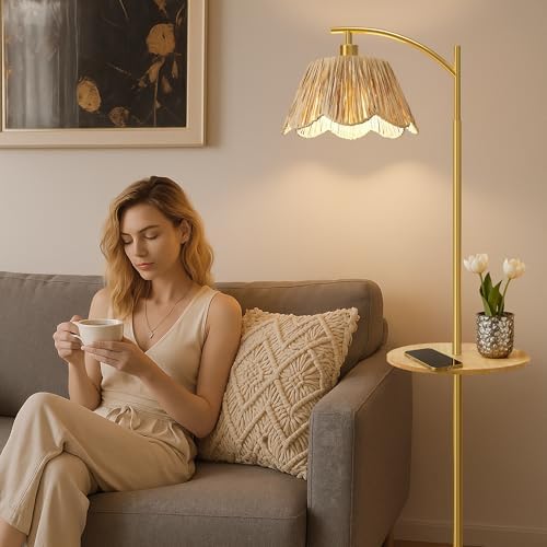 Oneach Floor Lamp with Table for Bedroom, Boho Standing Lamps with Foot Switch, Farmhouse Floor Lamp for Living Room, Arc Rattan Lamps with Gold Metal Base & Pole, Ideal for Home Décor - Image 4