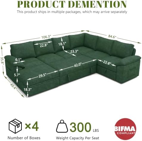 106'' Modular Sectional Sofa with Pull Out Bed, Sleeper Sofa, Green - Image 3