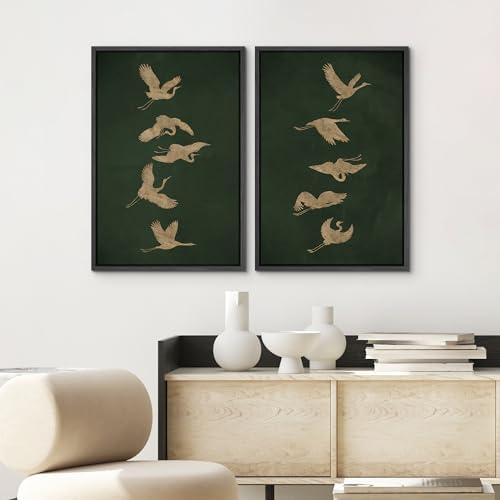 SIGNWIN Framed Canvas Print Wall Art Set Golden Cranes in Flight on Deep Green Illustrations Modern Art Rustic Colorful Ultra for Living Room, Bedroom, Office - 24"" x36 x2 Black - Image 3
