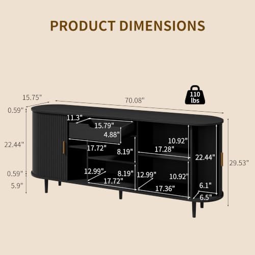 71" Sideboard Buffet Cabinet with Storage,Large Credenza with Sliding Doors and 1 Drawer,Mid Century Modern Coffee Bar Cabinet with Adjustable Shelves for Dining Room, Kitchen, Living Room (Black) - Image 2