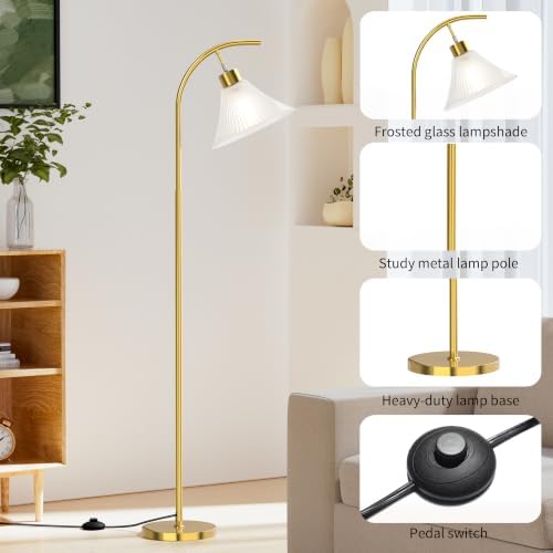 SIBRILLE Gold Floor Lamp with Remote, Dimmable Glass Arc Standing Lamp, Ribbed Frosted Glass Shade, 3 Color Temperatures, Foot Switch, 9W LED Bulb for Living Room Bedroom Office - Image 6