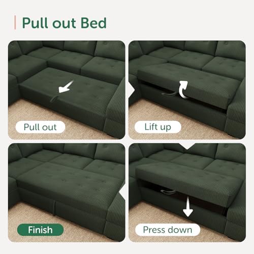 HONBAY Modular Sectional Sleeper Sofa with Pull Out Bed, U Shaped Sleeper Couches with Storage Chaise, 114'' Sleeper Sectional Sofas for Living Room, Apartment (Velvet Green) - Image 5
