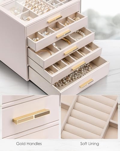 VLANDO 5 Layer Jewelry Box for Women, Glass Lid Jewelry Organizer with 5 Drawers for Necklaces Rings Earrings Bracelets - Light Pink - Image 4