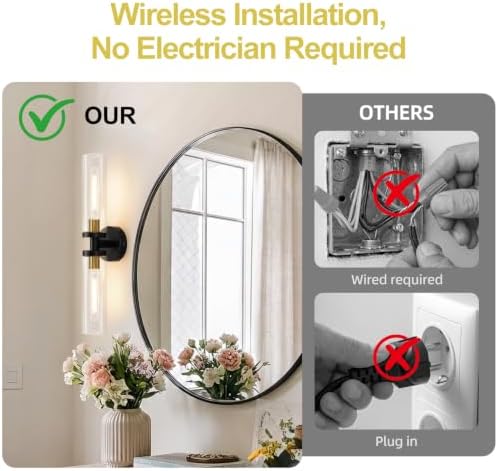 Battery Operated Wall Sconces Set of Two, Black and Gold Wall Light fixtures with Wireless Remote Control，Rechargeable Dimmable Wall Sconces with 3000K Bulbs for Bathroom Mirror Living Room Bedroom - Image 5