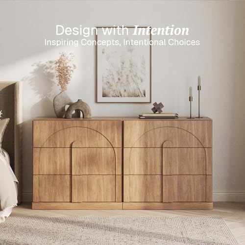 BELLEZE Sideboard Cabinet with 3 Drawers, Set of 2 Modern Wood Buffet Cabinet with Arc Design, Large Fluted Sideboard with Storage for Kitchen Living Room Entryway, Camel - Image 3