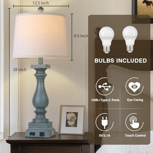 28" Tall Farmhouse Table Lamp with USB C+A Ports and AC Outlet, 3 Way Touch Control Rustic Bedside Lamp for Bedroom, Blue Vintage Nightstand Lamp for Living Room Office - Image 5