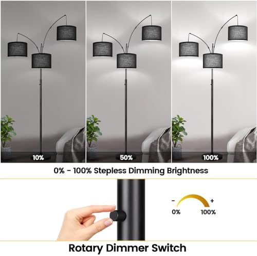 Dimmable Floor Lamp - 3 Lights Arc Floor Lamps for Living Room, 1000LM Modern Tall Standing Lamp With Black Shades & Heavy Base, Mid Century Tree Floor Lamp for Bedroom Office, 3 LED Bulbs Included - Image 3