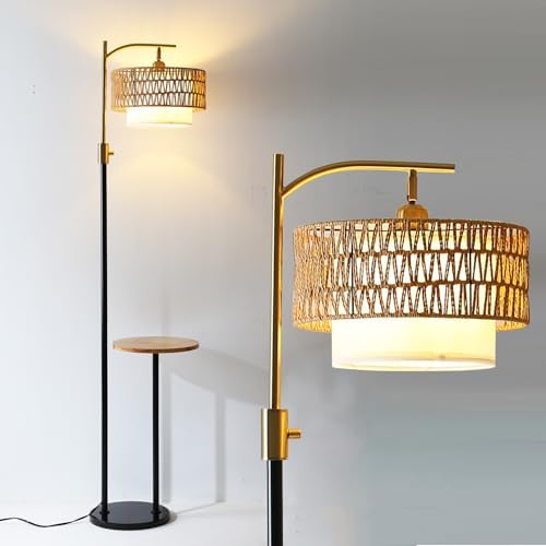 Dimmable Floor Lamp with Table and Marble Base, Arc Floor Lamp with Dimmable Bulb, Boho Farmhouse Standing lamp with Fabric & Rattan Lampshades for Living Room Bedroom (Black and Gold) by Asmymhd