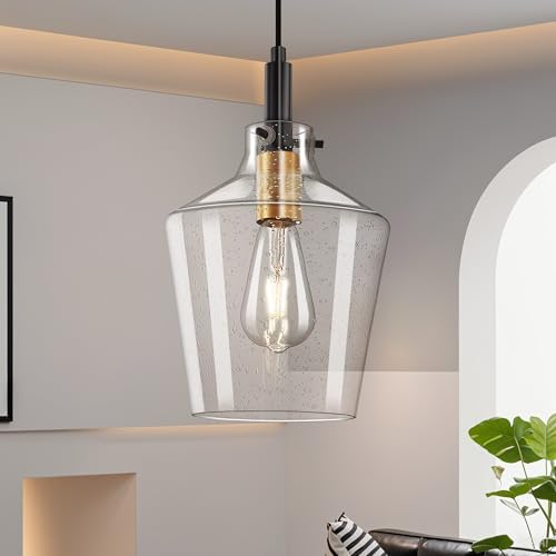 Seeded Glass Pendant Lighting for Kitchen Island 1 Pack Black Gold 8 Inch by Vaziden