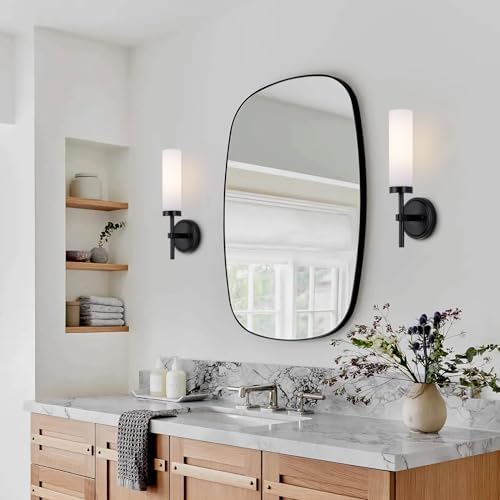 Black Bathroom Wall Sconces Set of 2, Modern Sconces Wall Lighting Vanity Lights with Opal White Glass Shade, Farmhouse Wall Mount Lamp for Mirror Living Room Bedroom Hallway Kitchen Stairs - Image 2