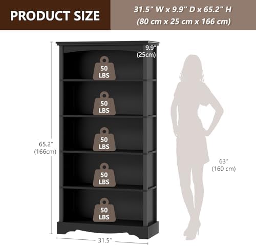 TVU 5-Tier Wooden Bookshelf, 31.5" W x 65" H ×9.9" D Bookshelf with Storage, Floor Standing Modern Style Display Bookcase for Living Room, Office, Study Room, Entryway, Black - Image 2