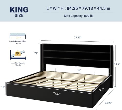 Allewie King Size Lift Up Hydraulic Storage Bed Frame Black - Image 2