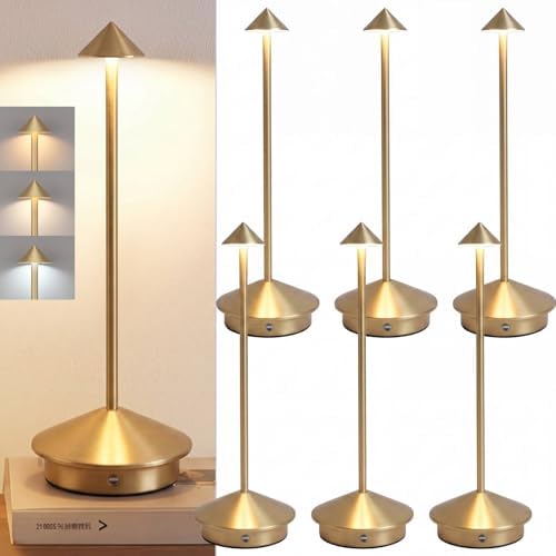 6 Pack Cordless Table Lamp, 3 Color Stepless Dimmable, Gold by Unknown