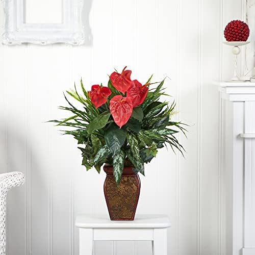 Nearly Natural 26 in Artificial Mixed Greens and Anthurium with Vase - Image 5
