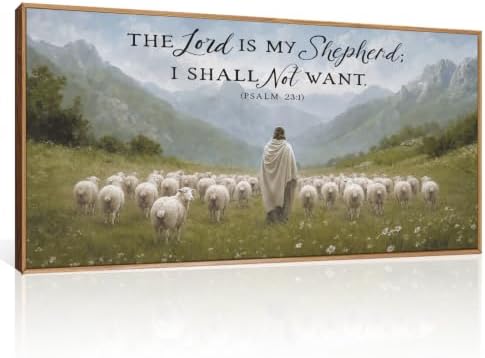 LHIUEM Large Christian Bible Verse Framed Canvas Wall Art,Jesus with Lamb Wall Decor,Vintage Religious Art Prints,Faith Scripture Landscape Artwork for Living Room,Prayer Room,Church -20"x40"x1 by LHIUEM