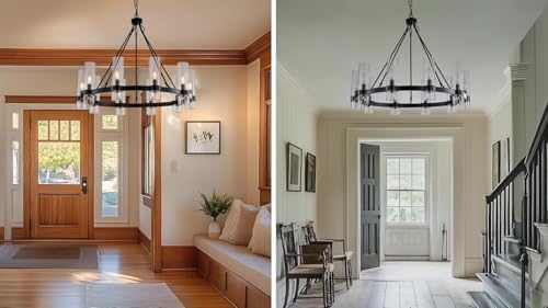 32 Inch Black Wagon Wheel Chandelier with Glass Shade, 10 Lights, Modern Farmhouse Style, Ideal for Dining Room, Kitchen, Entryways - Image 6