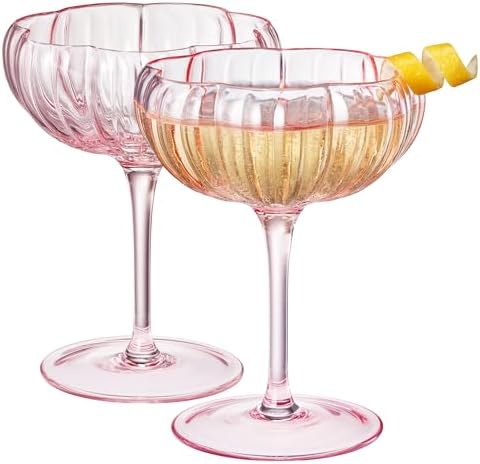 Khen Flower Modern Wavy Glass Coupes Martini, Champagne & Cocktail Coupes - Set of 2-7.7oz Colorful Cocktail Glasses & Prosecco, Mimosa Glassware Copyright Design - Blush Pink by Khen