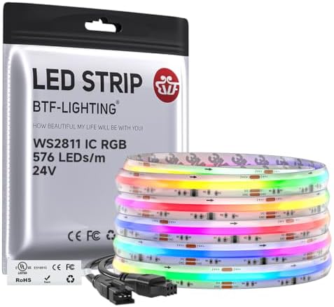 BTF-LIGHTING IP66 RGB WS2811 Smart IC FCOB COB LED Strip, UL Listed 576LEDs/m High Density Color Chasing Uniform Light, DC24V 16.4FT 10mm Width Tape Light for Home DIY Decor(No Adapter or Controller) by BTF-LIGHTING