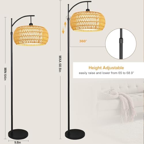 Arc Floor Lamps for Living Room Rattan Boho Floor Lamp with Remote Control,Dimmable LED Floor Lamp Wicker Lamp Shades Black Standing Lamp with 3 Color Temperature Tall Floor Lamps For Bedroom Corner - Image 5