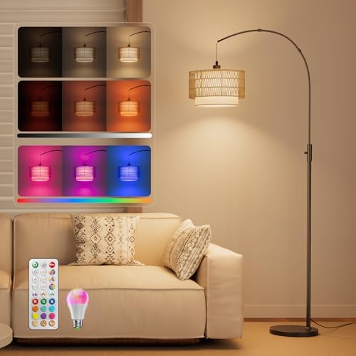 Boho Rattan Arc Floor Lamp, 71" RGB Color Changing, 3-in-1 Shade by VARICART