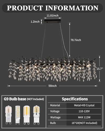 Modern Tree Branch Chandelier for Dining Room, 16 Lights Rectangular 59" Crystal Black Chandeliers for Kitchen Island Dining Room Living Room - Image 2