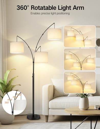 OUTON Arc Led Floor Lamp, Modern Black 3 Light Tall Floor Lamp for Bedroom, 2400lm Mid Century Adjustable Standing Corner Lamps for Living Room Office, 3 LED Bulbs Included, White Lampshade - Image 5