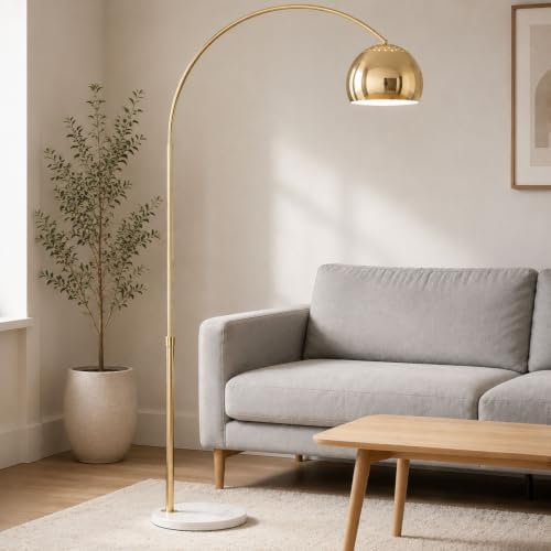 71" Mid Century Adjustable Gold Arc Floor Lamp with Dome Shade by Unknown