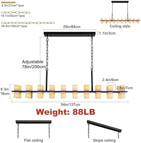 Alabaster Rectangular Chandelier for Dining Room, L54in Modern Chandeliers, Adjustable Marble Pendant Light Fixture, Rectangle Chandelier for Dining Table Living Room Kitchen Island(Black) - Image 2