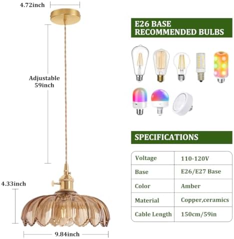Shenmoyl Pendant Light with Amber Scindapsus Glass Lmapshade, Brass Vintage Pendant Light Adjustable Hanging Light for Kitchen Island Dining Room Hallway - Image 5