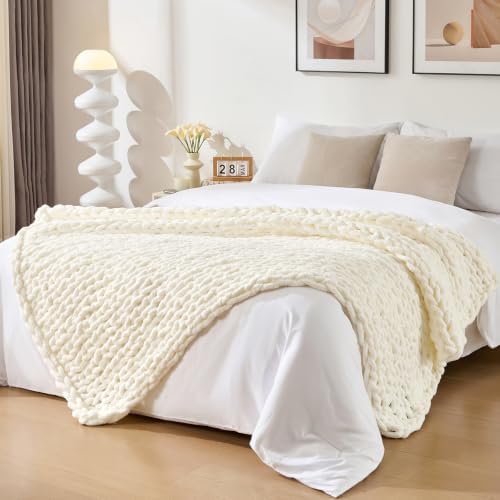 Bigacogo Chunky Knit Throw Blanket for Couch, 60x80 inches, Ivory by Bigacogo