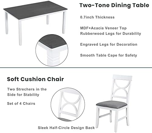 Farmhouse 6-Piece Dining Table Set, Wood Kitchen Dining Room Table Set with Upholstered Bench and 4 Dining Chairs, 60'' Rectangle Dining Table with Decoration Legs, Perfect for Family (White-K) - Image 3