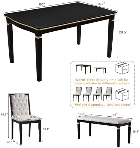 VilroCaz Modern Elegant Wood Kitchen Dining Table Set, 60'' Rectangular Table and 4 High-Back Tufted Chairs & 1 Bench, Home Breakfast Kitchen Dining Room Table Set for 6 (Black-10.6) - Image 3